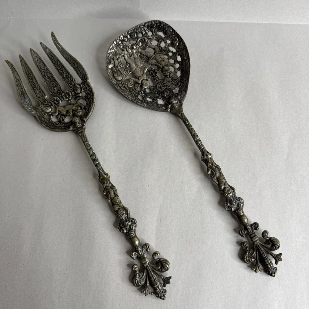 Vintage Italian Cherub Salad Servers Set Ornate Putti Fleur De‎ Lis Italy